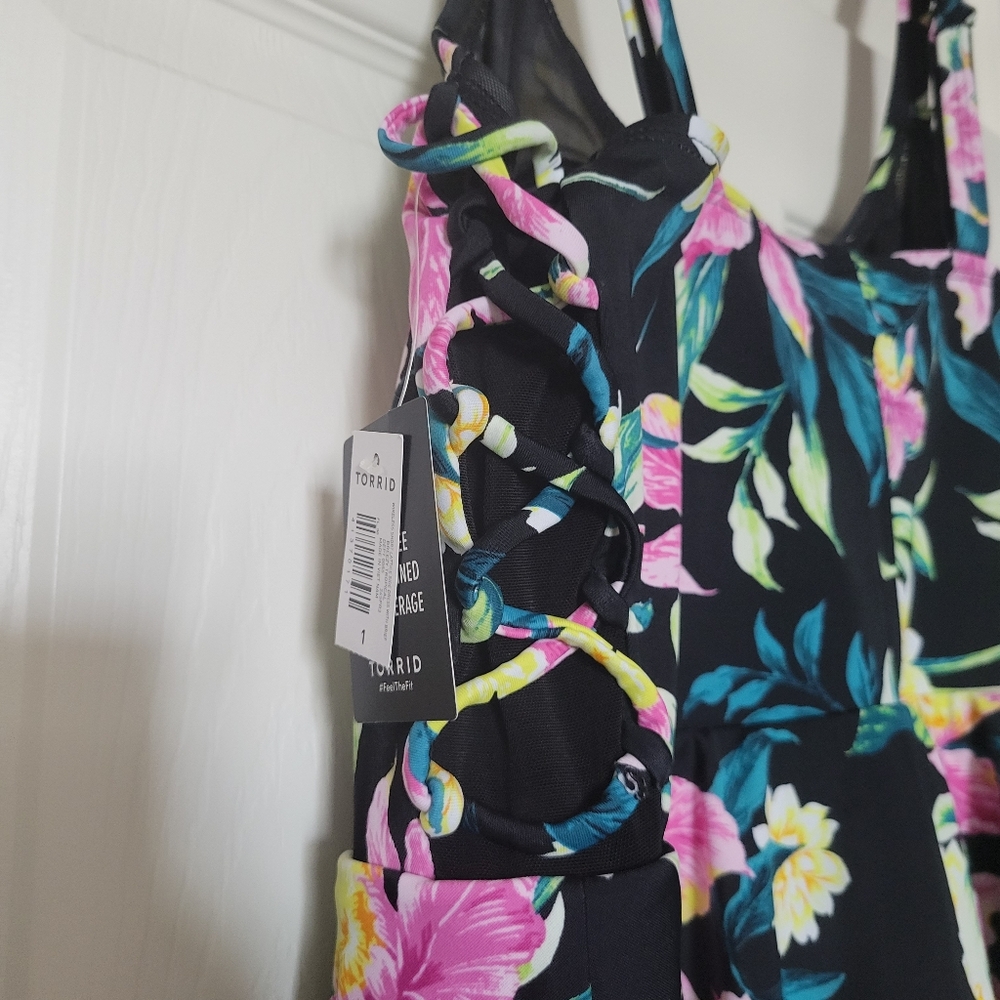 torrid Black Floral Bathing Suit with Pink & Yellow Accents - Picture 3 of 5